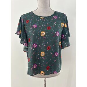 Sienna Sky Dark Emerald Green Floral Short Sleeve Blouse Top size M Cottagecore